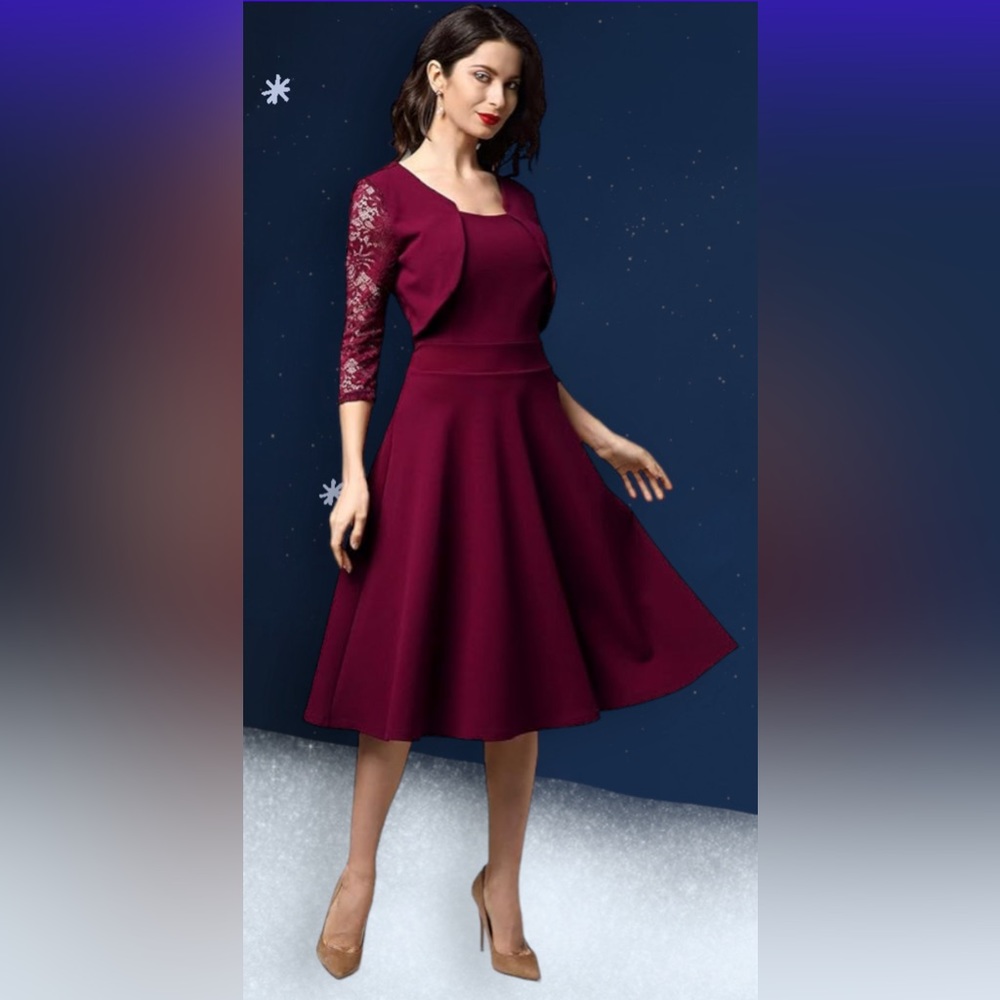 NWT. Vintage Square Neck Floral Lace 2/3 Sleeve Cocktail Swing Dress(KY1023) - Picture 5 of 7